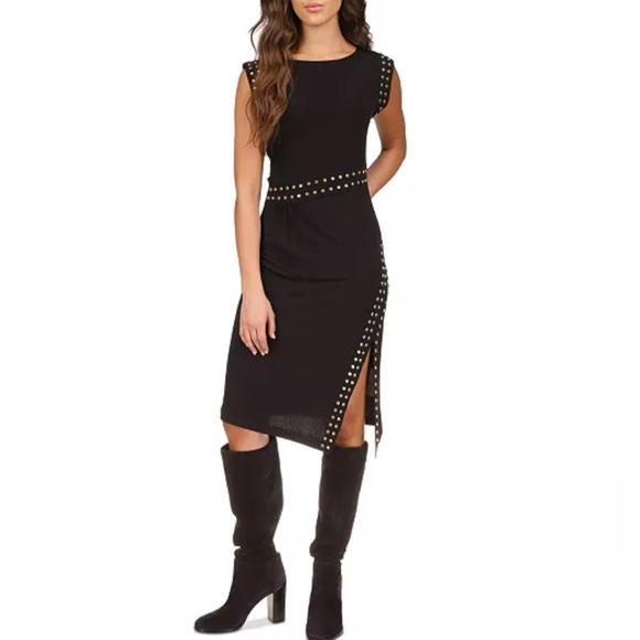 MICHAEL Michael Kors Dresses & Skirts - MICHAEL KORS Astor Studded Side-Slit Midi Dress Black Gold Size L Women’s